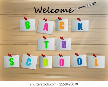 Welcome Back to school concept with school supplies icons on bright wooden background. design template for banner, poster. Detailed vector illustration.