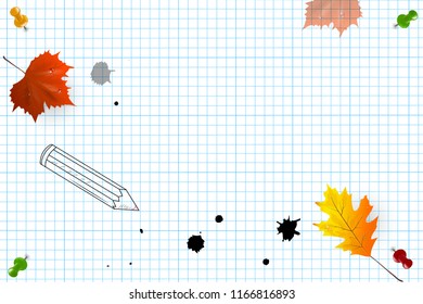 Welcome Back to school concept with school supplies icons, creative elements on a sheet of exercise book. design template for banner, poster. Back to School. vector illustration.