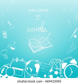 Welcome Back to school concept with  school supplies on bright blue  background. design template for banner, poster.  vector illustration.
