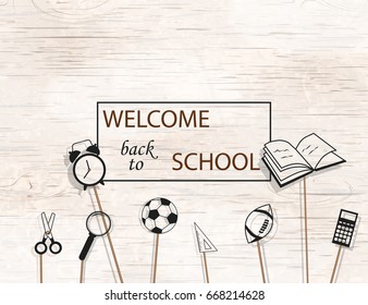 Welcome Back to school concept with school supplies icons on bright wooden  background. design template for banner, poster.  Detailed vector illustration.