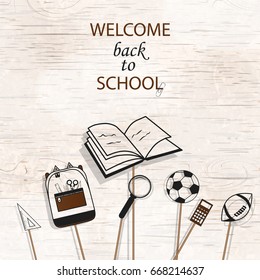 Welcome Back to school concept with school supplies icons on bright wooden  background. design template for banner, poster.  Detailed vector illustration.