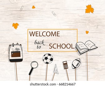  Welcome Back to school concept with school supplies icons, falling leaves on bright wooden background. design template for banner, poster. Detailed vector illustration