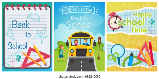 Welcome back to school concept template. School equipment, bus on the road and notebook. Vector collection of cartoon flat education design concepts.