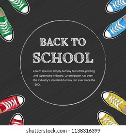 Welcome back to school. Concept with text back to school drawn in chalk on a dark background. Vector illustration of a banner