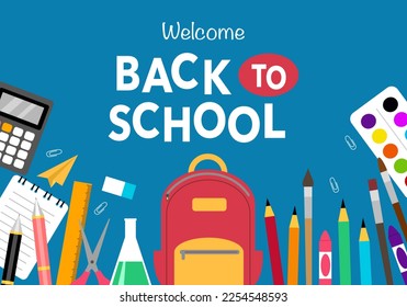 Welcome back to school concept vector illustration. Student backpack with stationary supplies in flat design.