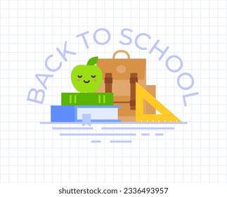 Welcome back to school concept. Vector flat illustration of a green apple on top of the books; a backpack and a set square. Education banner