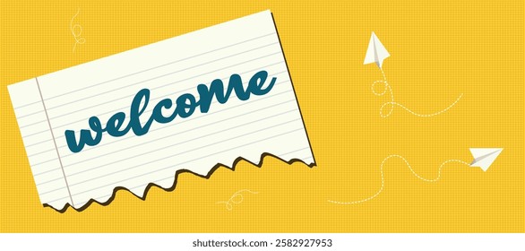 Welcome back to school concept, Vibrant trendy vector collage on yellow background features notebook vector illustration design background