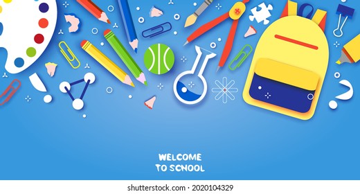 Welcome back to school. Concepts of education. Creative kids. Science, Art paper cut style.