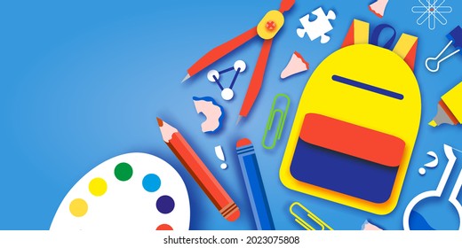 Bienvenido de vuelta a la escuela. Conceptos de educación. Niños creativos. Ciencia, estilo de corte de papel de arte.