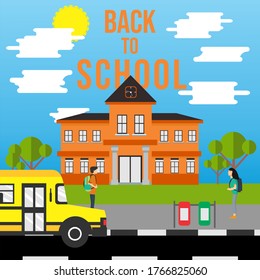 welcome back to school. consists of school buses, school buildings, trees, highways and male and female characters with a blue sky background