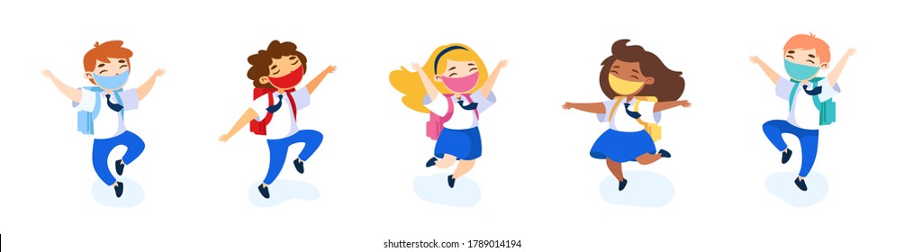 Welcome Back To School At Coronavirus Period Concept. Schoolkids Characters In Masks Waving Hand Greeting New Educational Year, Children Study At Covid19 Pandemic. Cartoon People Vector Illustration