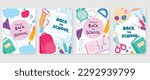 Welcome back to school cover background vector set. Cute childhood illustration with globe, rocket, scissor, clock, color plate, sharpener. Back to school collection for prints, education, banner.
