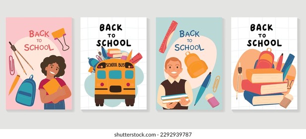 Welcome back to school cover background vector set. Cute childhood illustration with student, book, school bus, ruler, bag, pen, eraser. Back to school collection for prints, education, banner.