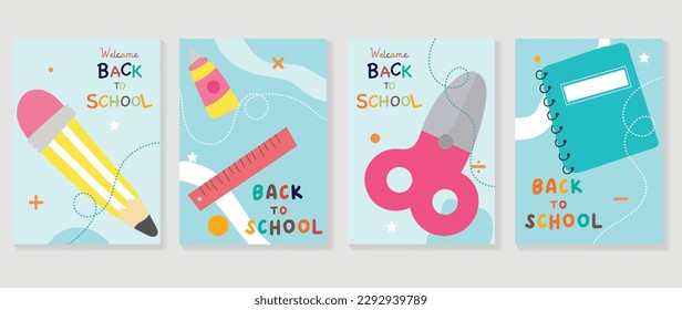 Welcome back to school cover background vector set. Cute childhood illustration with book, ruler, pen, star, scissor, mathematical symbols. Back to school collection for prints, education, banner.