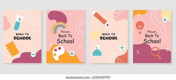 Bienvenido de vuelta al conjunto de vectores de fondo de cobertura escolar. Ilustración infantil con libro, tubo de laboratorio, placa de color, lápiz, símbolos matemáticos. De vuelta a la colección escolar para impresiones, educación, pancartas.