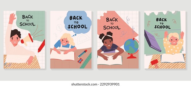 Welcome back to school cover background vector set. Cute childhood illustration with student, book, globe, paper clip, sharpener, megaphone. Back to school collection for prints, education, banner.