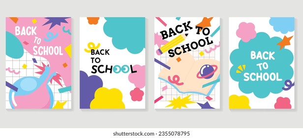 Welcome back to school cover background vector set. Cute childhood illustration with book, lab tube, pencil, mathematical symbols. Back to school collection for prints, education, banner.