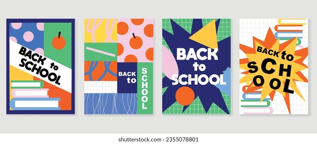 Welcome back to school cover background vector set. Cute childhood illustration with book, geometric shapes, fruit, line. Back to school collection for prints, education, banner, college.