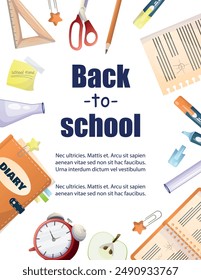 Welcome back to school cover background. Cute childhood illustration with student, book, paper clip, pen, ruler, scissor, bag. Back to school collection for prints, education, banner.