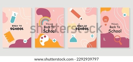 Welcome back to school cover background vector set. Cute childhood illustration with book, lab tube, color plate, pencil, mathematical symbols. Back to school collection for prints, education, banner.