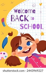 Bienvenidos a la portada de la escuela. Lindo afiche educativo con niña sonriente estudiante sosteniendo mochila con útiles escolares para la lección. Niño estudiando y aprendiendo. Ilustración de vector plano de dibujos animados