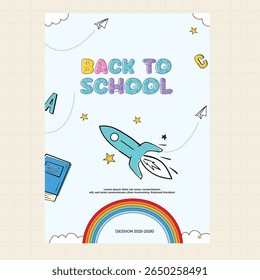 Welcome Back to School with Creative Pencil Rocket, Stars, and Learning Elements.