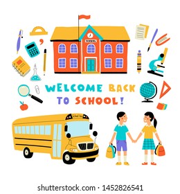 Welcome Back To School, Cute Doodle Set With Lettering. Funny Pupils, Cartoon Boy And Girl, School Building, Bus And Supplies. Hand Drawn Colorful Vector Flat Illustration, Isolated On White.