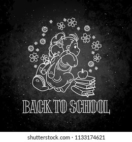 Welcome back to school. Cute school kid ready to education. Vector chalk illustration on a blackboard
