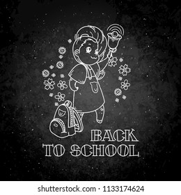 Welcome back to school. Cute school kid ready to education. Vector chalk illustration on a blackboard