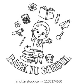 Welcome back to school. Cute school kid ready to education. Vector coloring page