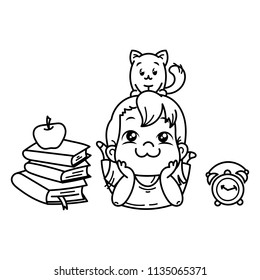 Welcome back to school. Cute school kid ready to education. Vector coloring page