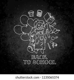 Welcome back to school. Cute school kid ready to education. Vector chalk illustration on a blackboard