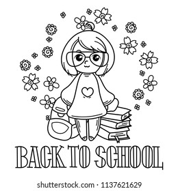 Welcome back to school. Cute school kid ready to education. Vector coloring page