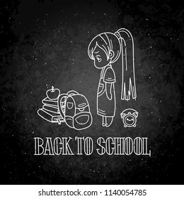 Welcome back to school. Cute school kid ready to education. Vector chalk illustration on a blackboard