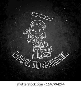 Welcome back to school. Cute school kid ready to education. Vector chalk illustration on a blackboard