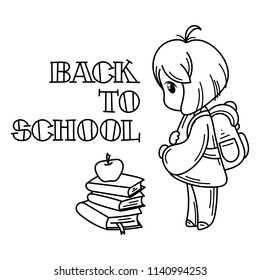 Welcome back to school. Cute school kid ready to education. Vector coloring page