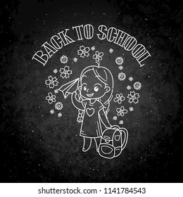 Welcome back to school. Cute school kid ready to education. Vector chalk illustration on a blackboard
