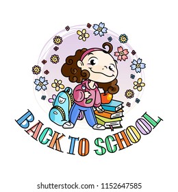 Bienvenido a la escuela. Lindo niño de la escuela listo para la educación. Elemento de diseño para la impresión, camiseta, cartel, tarjeta, Anuncio. Ilustración vectorial