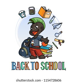 Welcome back to school. Cute school kid ready to education. Design element for print, t-shirt, poster, card, banner. Vector illustration