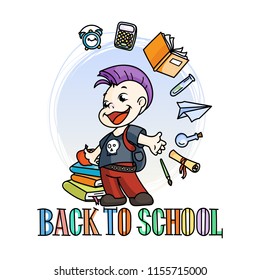 Welcome back to school. Cute school kid ready to education. Design element for print, t-shirt, poster, card, banner. Vector illustration