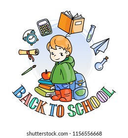 Welcome back to school. Cute school kid ready to education. Design element for print, t-shirt, poster, card, banner. Vector illustration