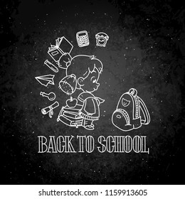 Welcome back to school. Cute school kid ready to education. Design element for print, t-shirt, poster, card, banner. Vector chalk illustration on a blackboard
