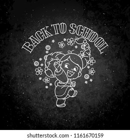 Welcome back to school. Cute school kid ready to education. Design element for print, t-shirt, poster, card, banner. Vector chalk illustration on a blackboard