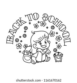 Welcome back to school. Cute school kid ready to education. Design element for print, t-shirt, poster, card, banner. Vector illustration. Coloring page