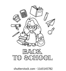 Welcome back to school. Cute school kid ready to education. Design element for print, t-shirt, poster, card, banner. Vector illustration. Coloring page