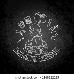 Welcome back to school. Cute school kid ready to education. Design element for print, t-shirt, poster, card, banner. Vector chalk illustration on a blackboard