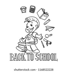 Welcome back to school. Cute school kid ready to education. Design element for print, t-shirt, poster, card, banner. Vector illustration. Coloring page