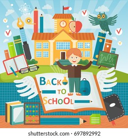 Welcome back to school. Cute school kid template banner. Boy pupil and study equipment near school building. Cartoon vector illustration.