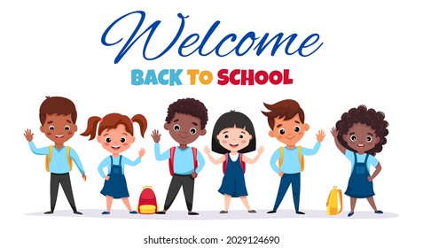 Welcome back to school! Cute school kids with backpacks are happy waving and smiling! Education concept. Cartoon vector illustration. 