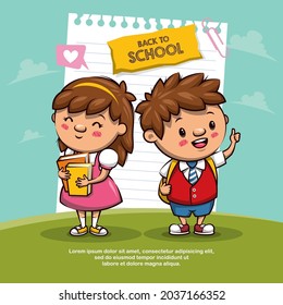 Willkommen zurück zur Schule! Cute School Kids Cartoon Illustration